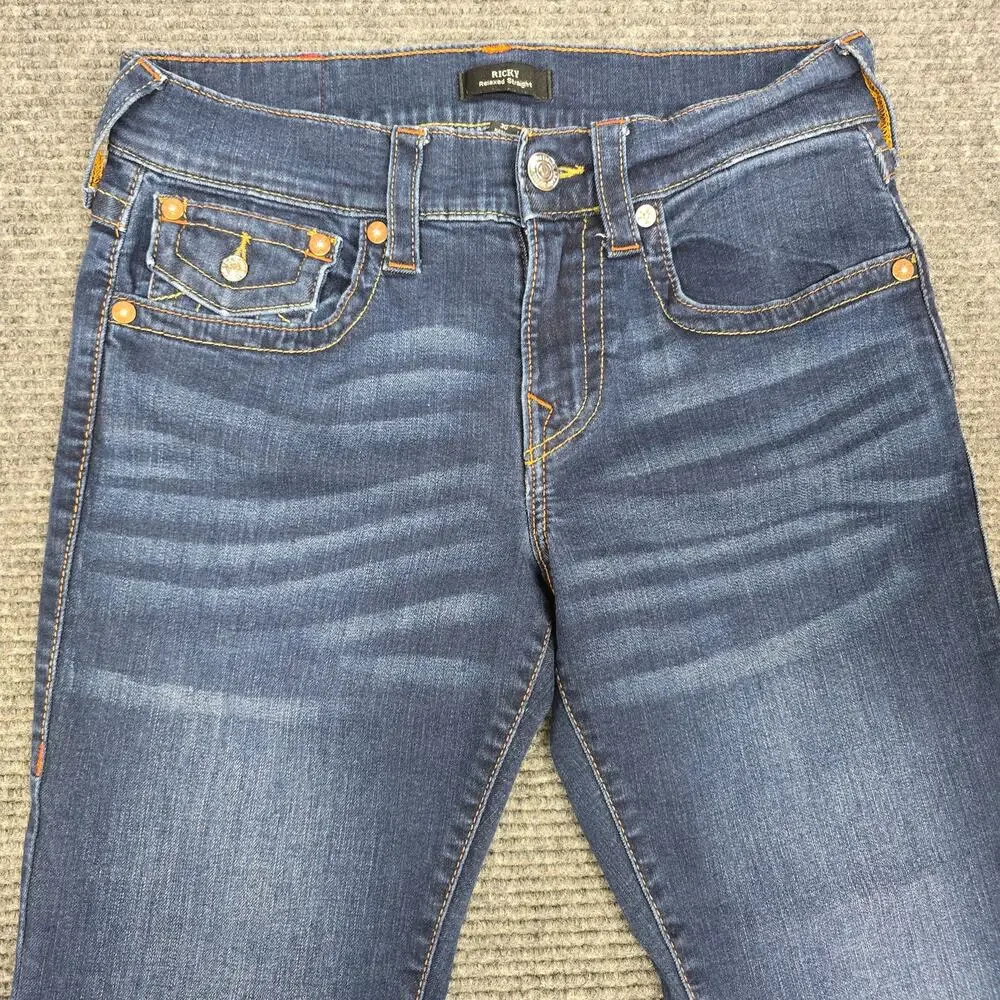 True Religion Ricky Flap Jeans Mens 30x26 Relaxed Straight Dark Wash Hemmed